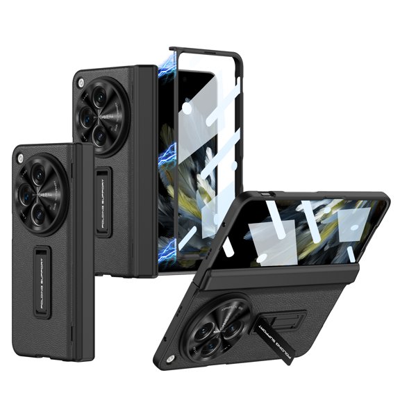 Designed for OnePlus Open Case, Magnetic Folding Vegan PU Leather All-Inclusive Hinge Protection Kickstand with Built-in Screen Protector Rugged Hard PC Shockproof Protective Case Cover, Black