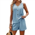 thumbnail image 1 of Conjunto Casual de Dos Piezas para Mujer, Jersey con Cuello en V y Pantalones Cortos de Cintura Alta, Chándal Transpirable de Color Liso, Azul , Talla XL, 1 of 9