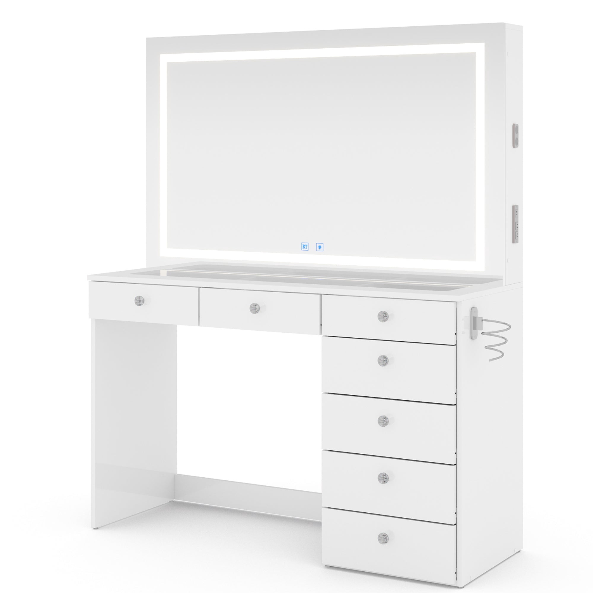 Boahaus Aria Vanity Desk with Mirror and Lights – 7 Drawer Makeup Vanity Table with Storage, Power Outlet and Speakers