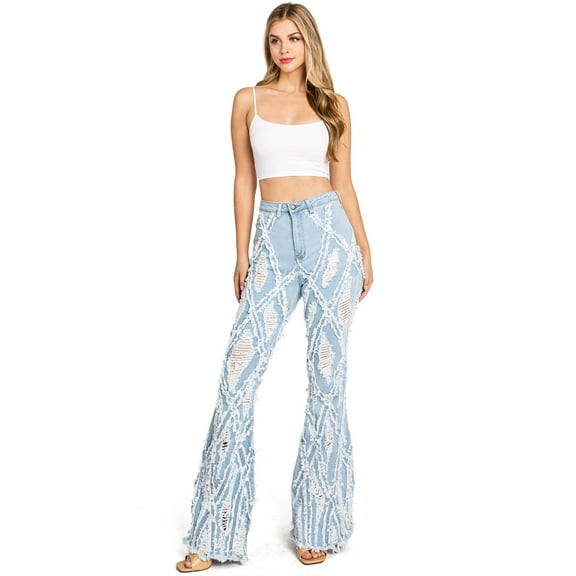 Purple Candy Womens Juniors Extreme Distressed Denim Flares (Light Blue, Small)