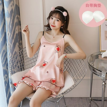 

DanceeMangoo Fruit Print Lovely Sleepwear Home Suit Summer V-Neck Sleeveless Sexy Pyjamas Womens Two Piece Silk Pajamas Set with Chest Pad