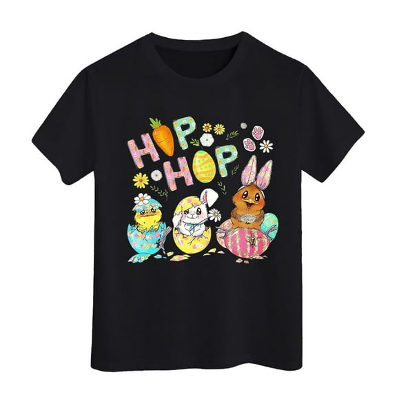 Toddler Girls Tops & T-Shirts Easter Eggs Bunny Kids Round Neck Short Sleeve Summer Casual Pullover Tshirts Holiday Wear,Black,3-4 Years