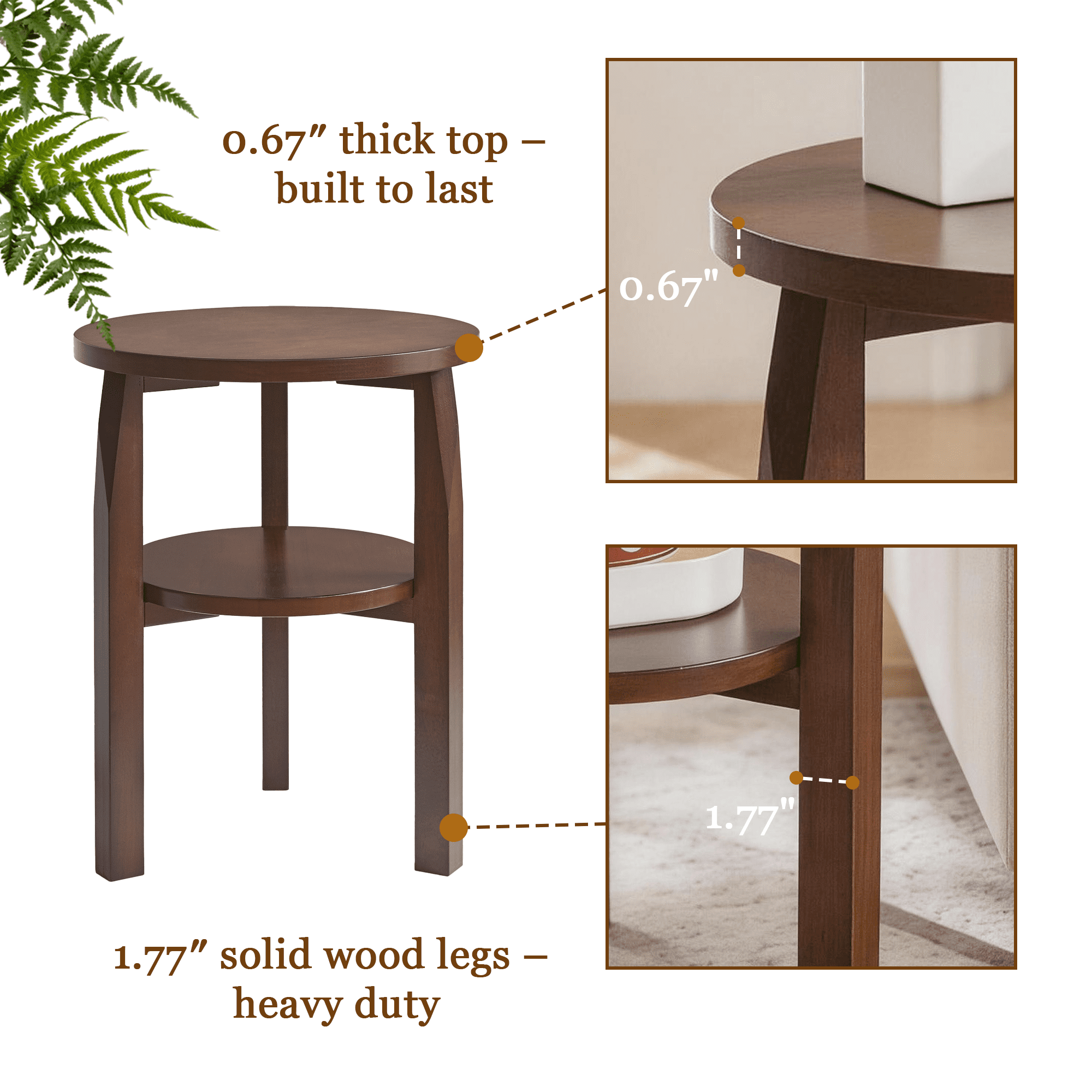 Solid Rubberwood Round End Table, 2-Tier Side Table with Storage Shelf, Small Accent Table for Living Room, Bedroom