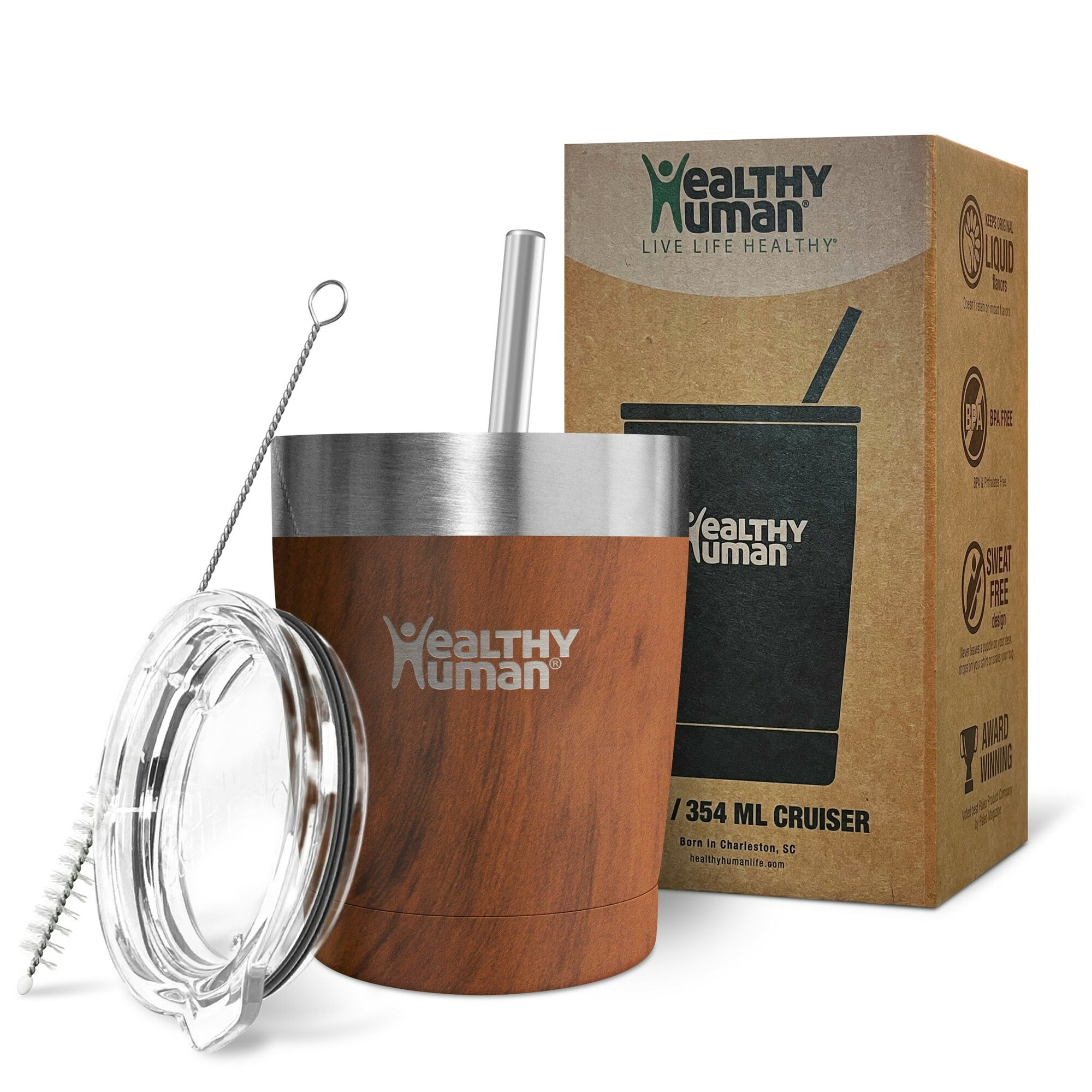 Healthy Human Stainless Steel Tumbler with Straw | Splash Proof Insulated Travel Cruiser Cup | Eco-Friendly Coffee Tumblers with Straws Cleaner & Splash Proof Lid (12oz, Harvest Maple)