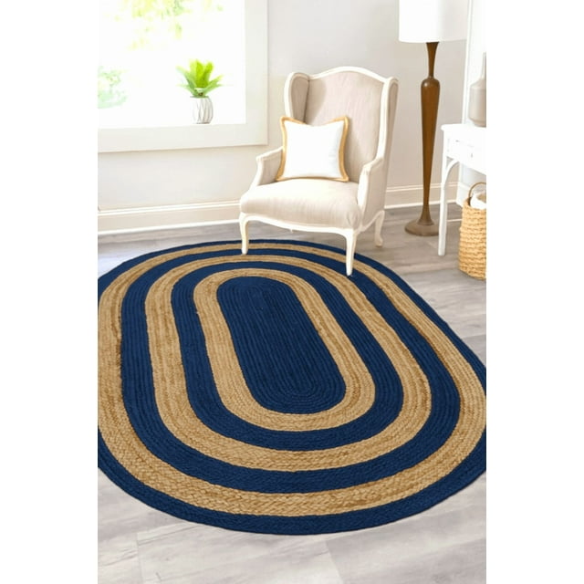 2x3 Ft Oval Navy Blue & Natural Jute Area Rug, Hand-Woven, Reversible, Farmhouse Boho Style, Durable & Pet-Friendly Rug for Living Room, Dining Room, and Bedroom