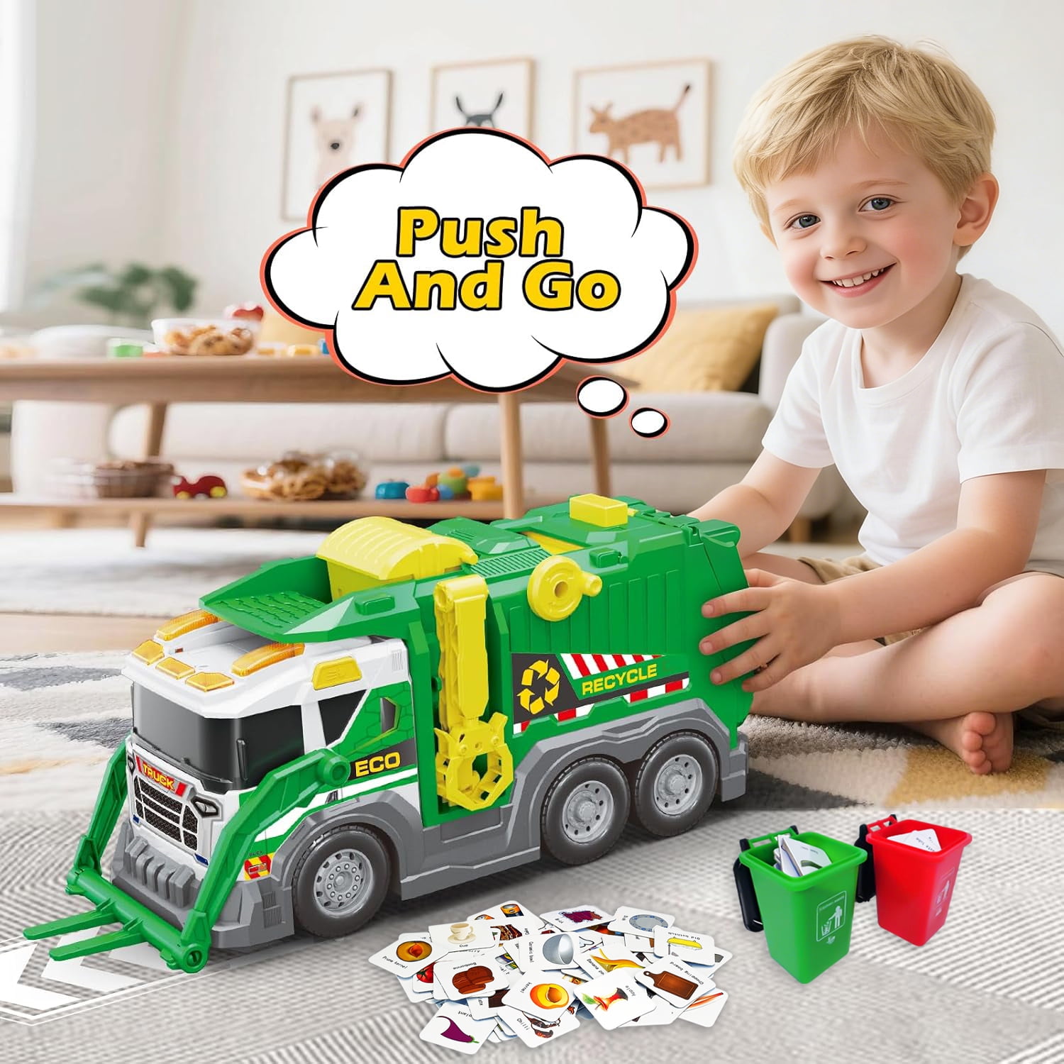 LINXUXIE Large Garbage Truck Toy Set, Kids Trash Truck with Sound, Light & Trash Bins, Birthday Gifts for Kids 3-5 5-8 8-12 Year Old