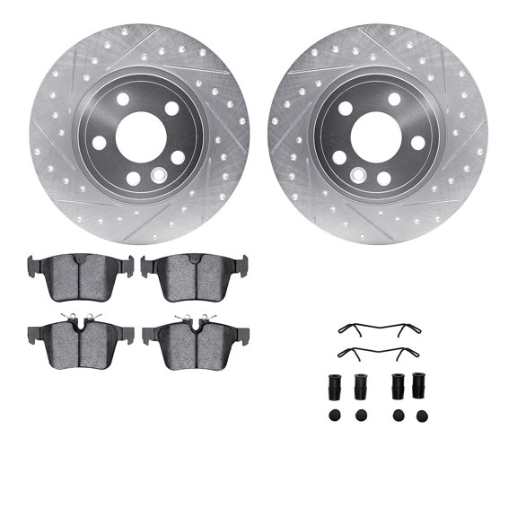 Dynamic Friction Company Rear Brake Rotors-Drilled and Slotted-Silver with 5000 Euro Ceramic Brake Pads includes Hardware 7612-11026