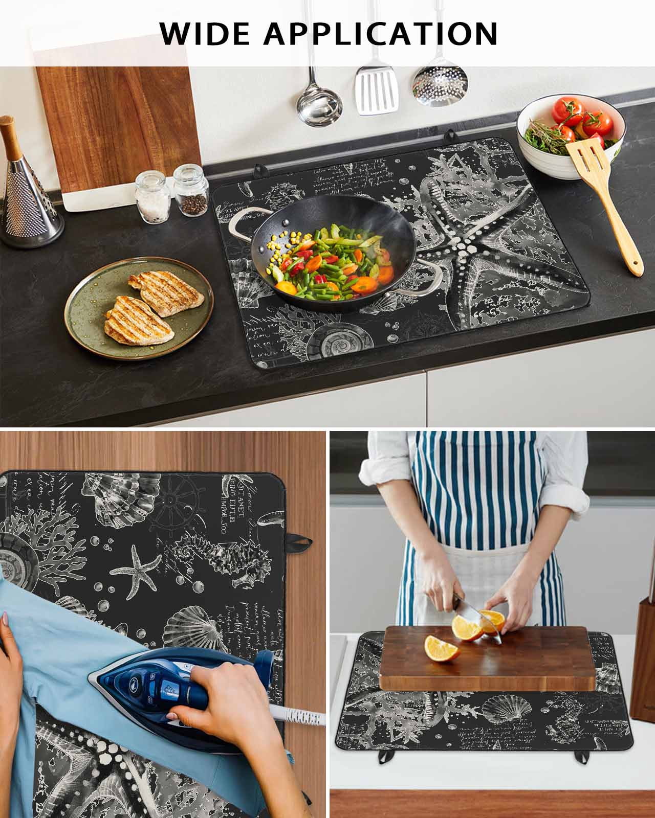 nqOlkjepod Large Induction Cooktop Protector Mat 24"x21", Black Coastal Starfish Stove Top Covers for Electric Stove, Vintage Coral Seahorse Shell Stove Burner Cover Mats, Glass Top Stove Cover