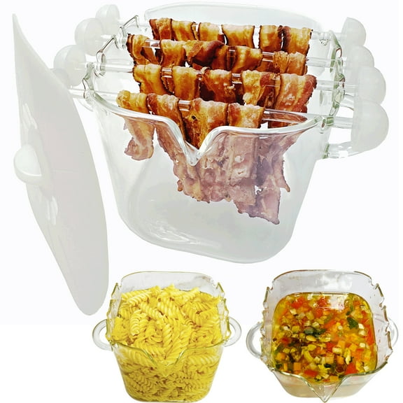 Microwave Bacon Cooker, Glass Bacon Jar with Silicone Lid, Removable Glass Rod, Makes 12-16 Slices Crispy Bacon One Time