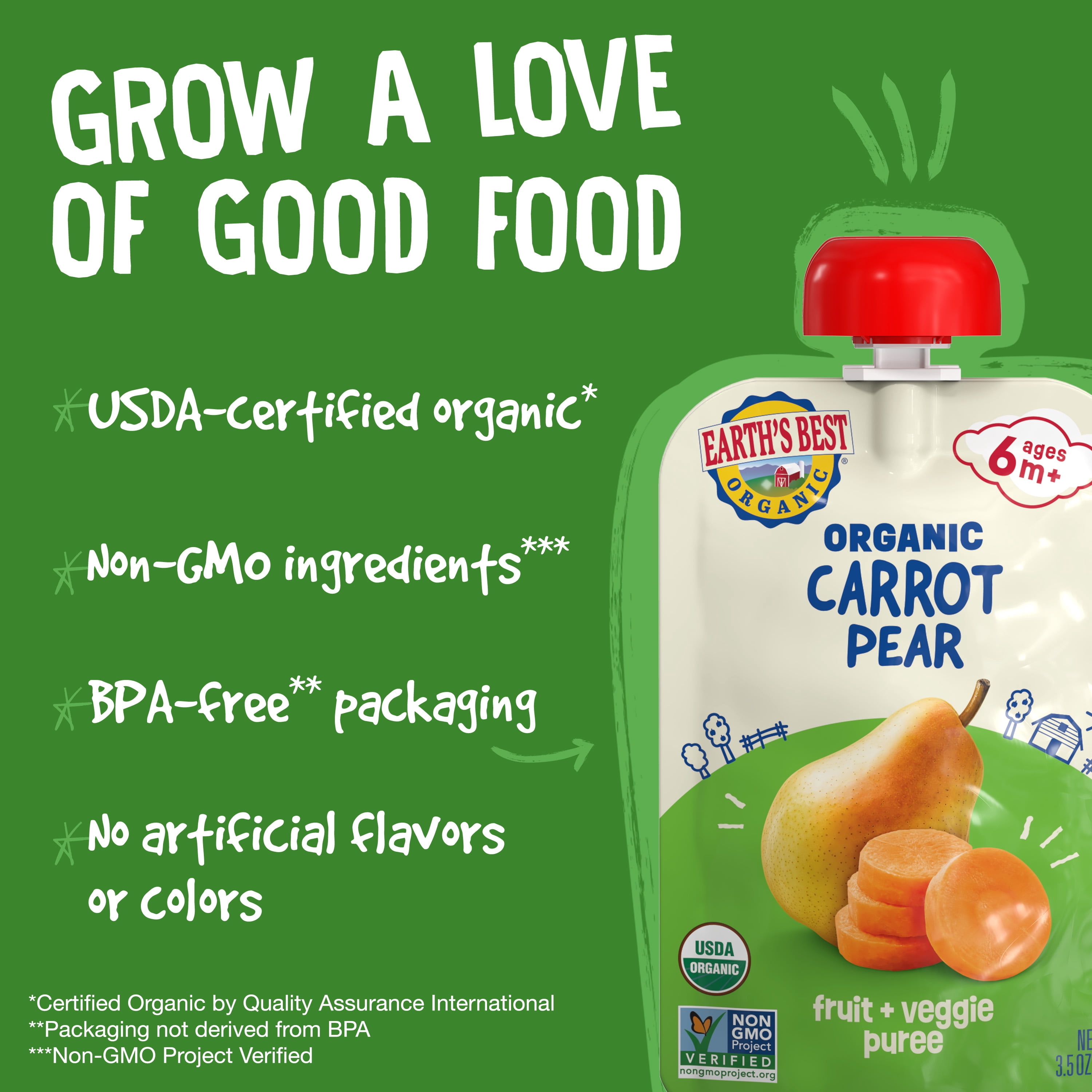 (12 pack) Earth's Best Organic Stage 2 Baby Food, Carrot Pear Fruit & Veggie Puree, 3.5 oz Pouch