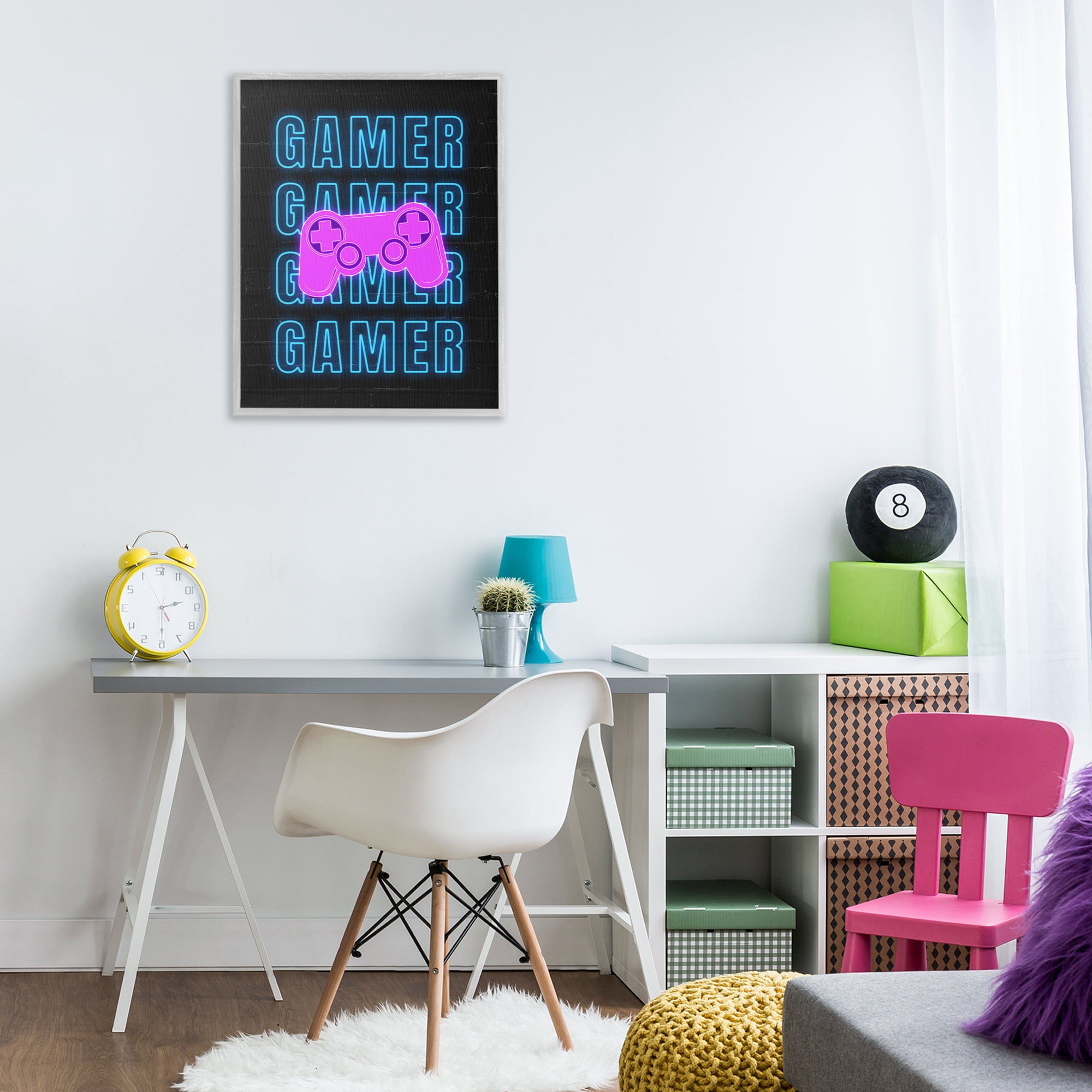 Stupell Industries Neon Gamer Words Typography Painting Gray Framed Art Print Wall Art, 24 x 30