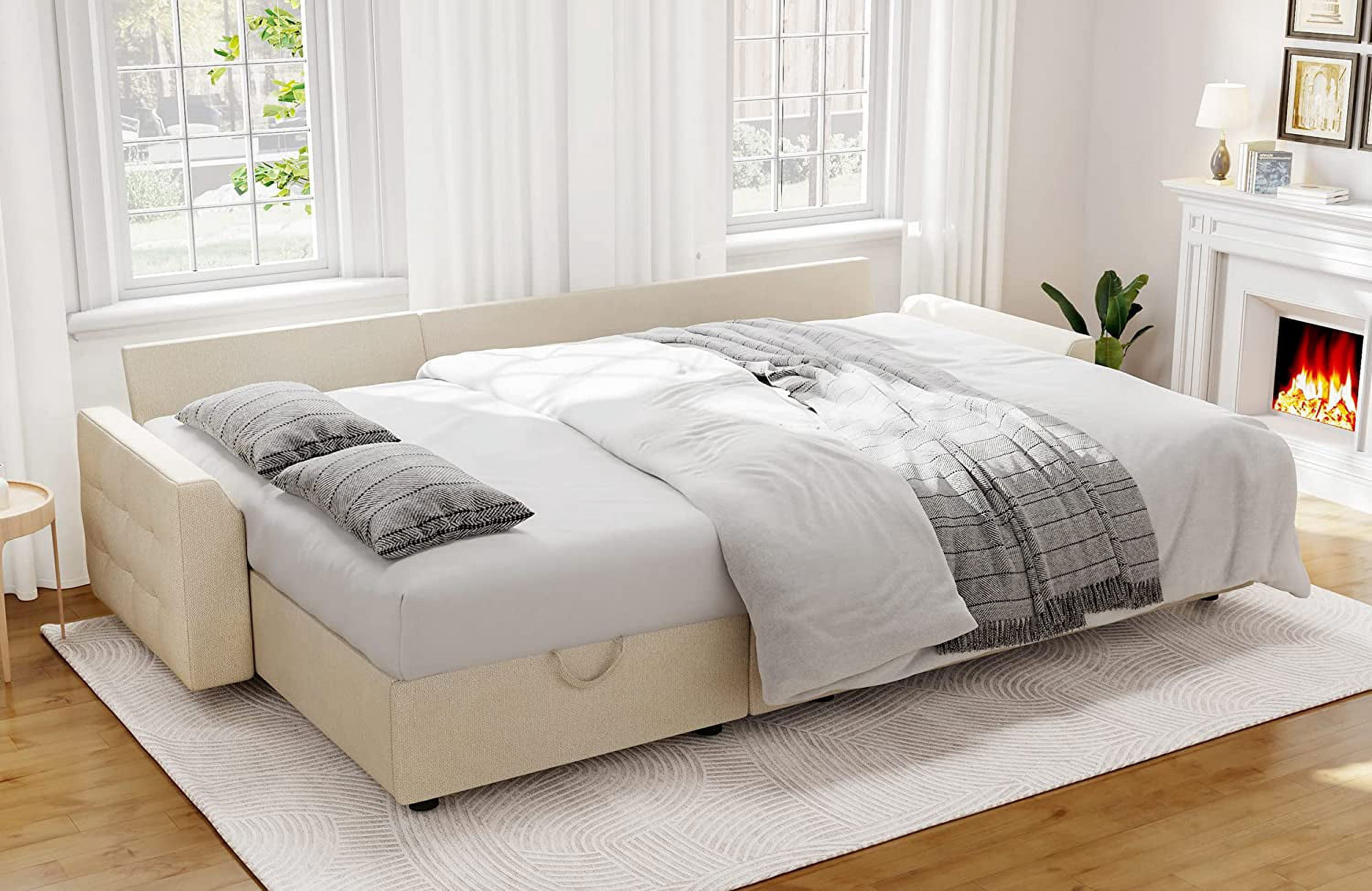 Merluxy Pull Out Sofa Bed, Tufted Sleeper Sofa, L Shaped Couch with Storage Chaise, Chenille Beige