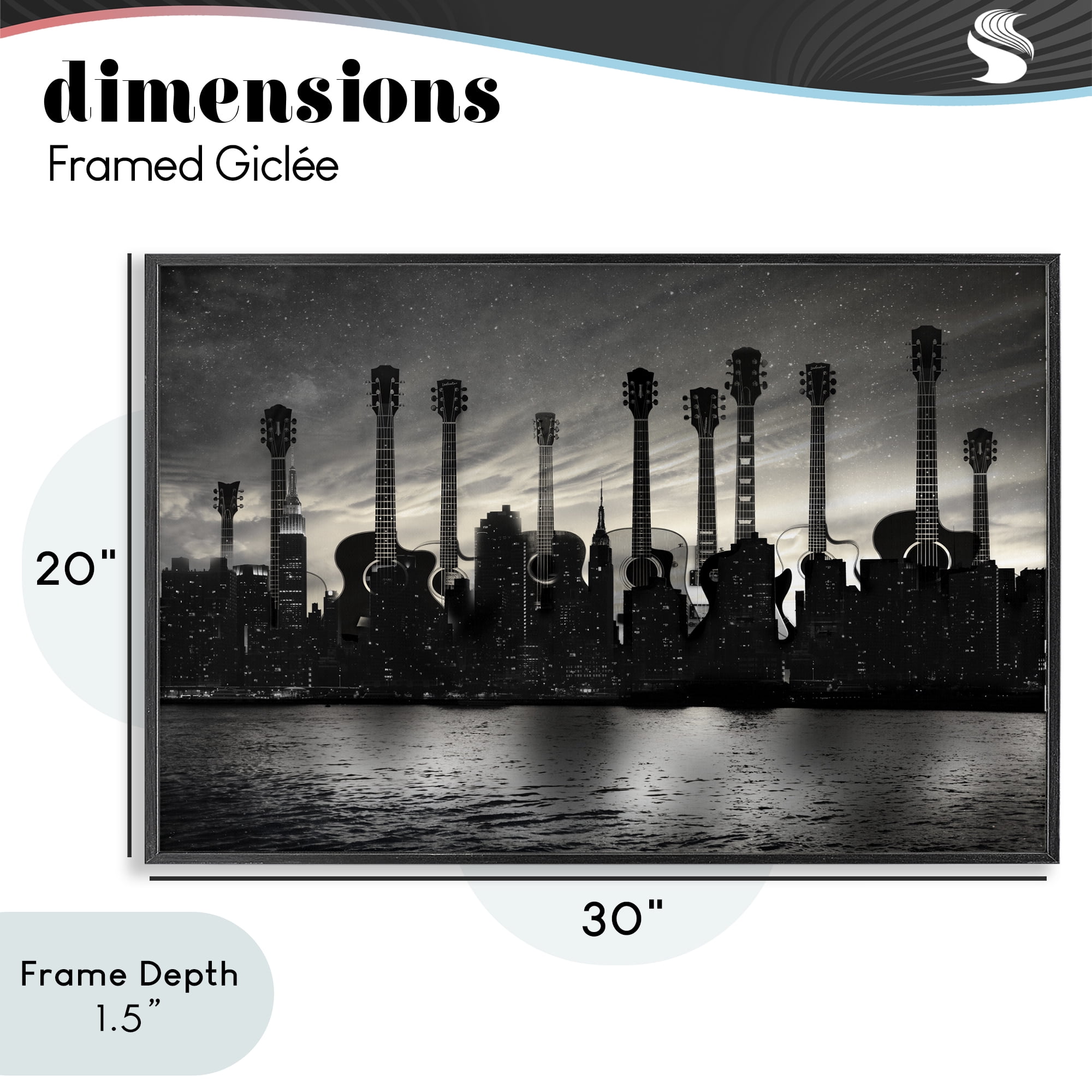 Stupell Industries Guitar Skyline Cityscape Black Framed Giclee Art, design by CAD Designs