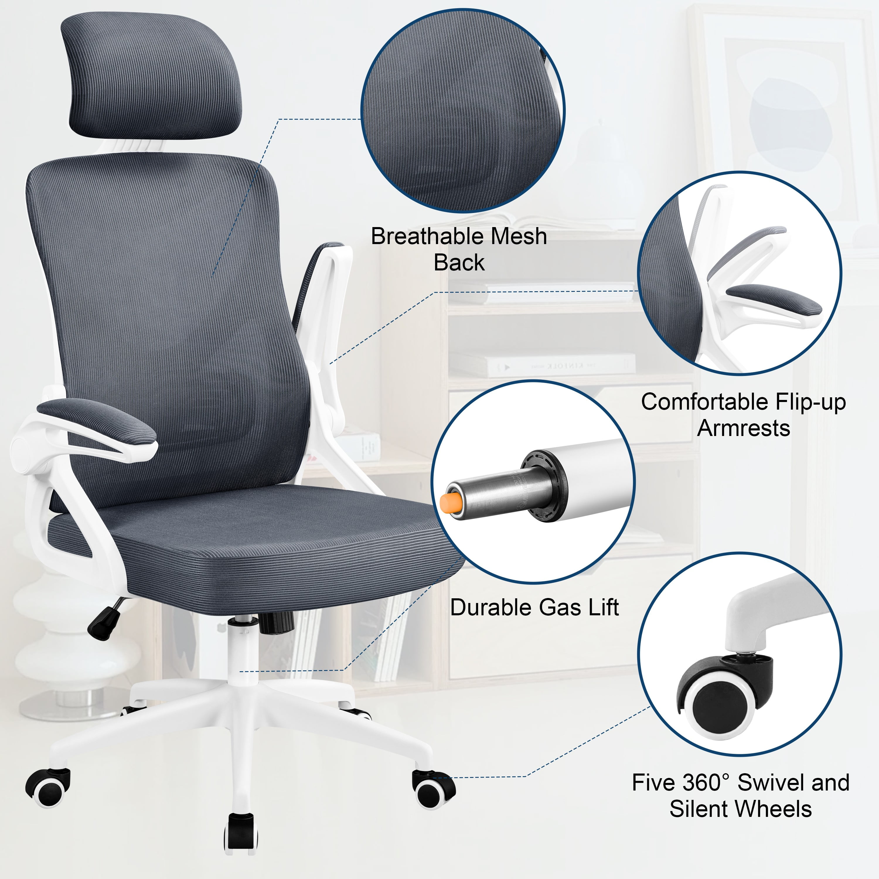 Alden Design High Back Ergonomic Mesh Office Chair with Adjustable Padded Headrest, White/Gray