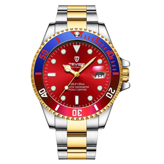 TEVISE TEVISE T801 Men's Automatic Mechanical Watch with Stainless Steel Band, Water Resistant, 7 Color Options (Vibrant Red Dial)
