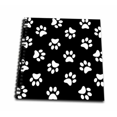 3dRose Black and white Paw print pattern - pawprints - cute cartoon animal eg dog or cat footprints - Mini Notepad, 4 by 4-inch