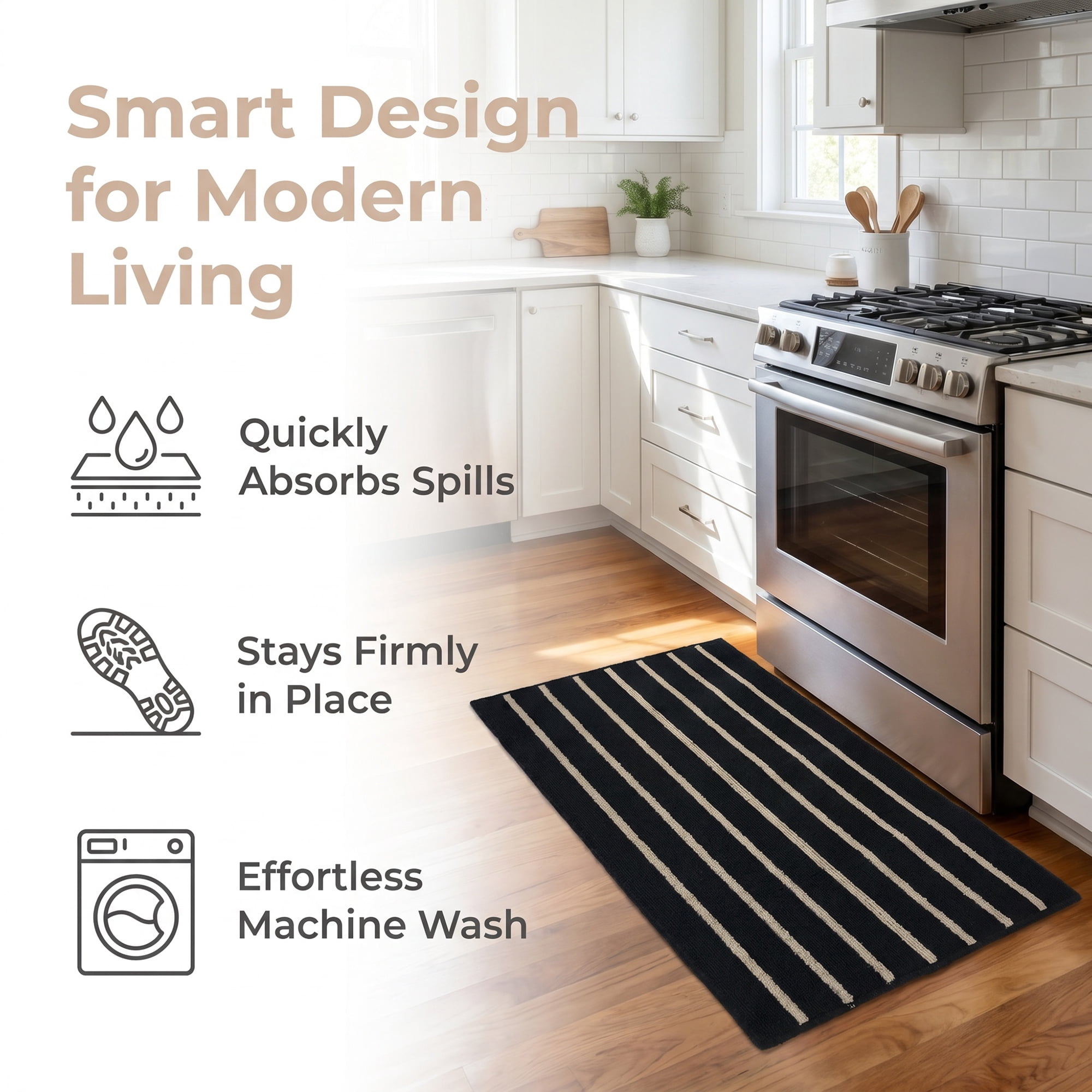 Unique Bargains Polypropylene Striped Non Slip Kitchen Runner Rug Black 32" x 20"