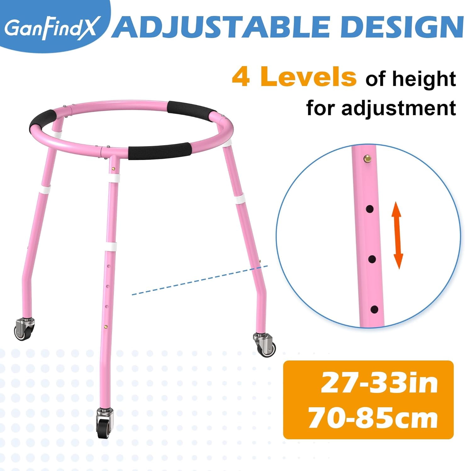 GanFindX Adjustable Skater Aid for Kids, Toddler Roller Skate Trainer with 3 Silent Wheels, Metal Frame, Height 70-85cm, Outdoor Skating Walker,Pink