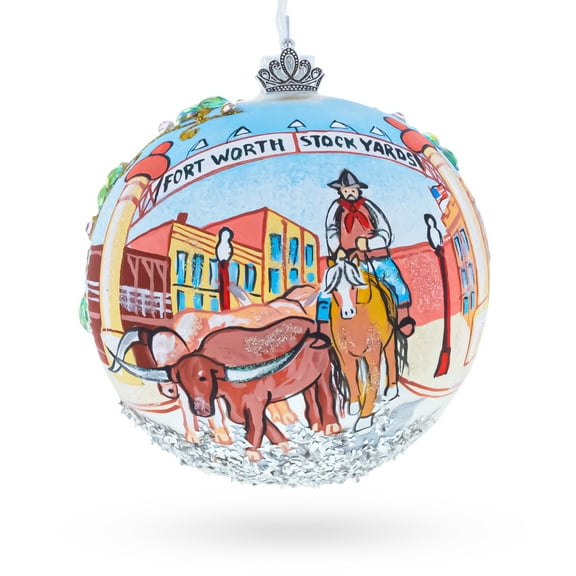 Fort Worth Stockyards, Texas Glass Ball Christmas Ornament 4 Inches