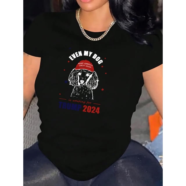 Camiseta De Mujer Verano Casual Mujer Básica Camiseta Para Deportes Callejeros PlayaWomen's Fashion Casual Round Neck Short Sleeve T-Shirt, Knitted Polyester, Patriotic Dog Graphic Print, Comfortabl