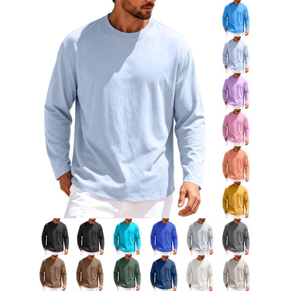 Men's Crew Neck Long Sleeve Basic Shirt Zaewscy Men's Solid Color Round Neck Long Sleeved Casual Sports Fashion Fitness Clothes Light Blue XXXL