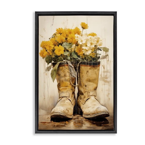 Stupell Industries Flowers in Rugged Country Boots Floral Painting Black Floater Framed Canvas Art Print Wall Art, 17 x 25