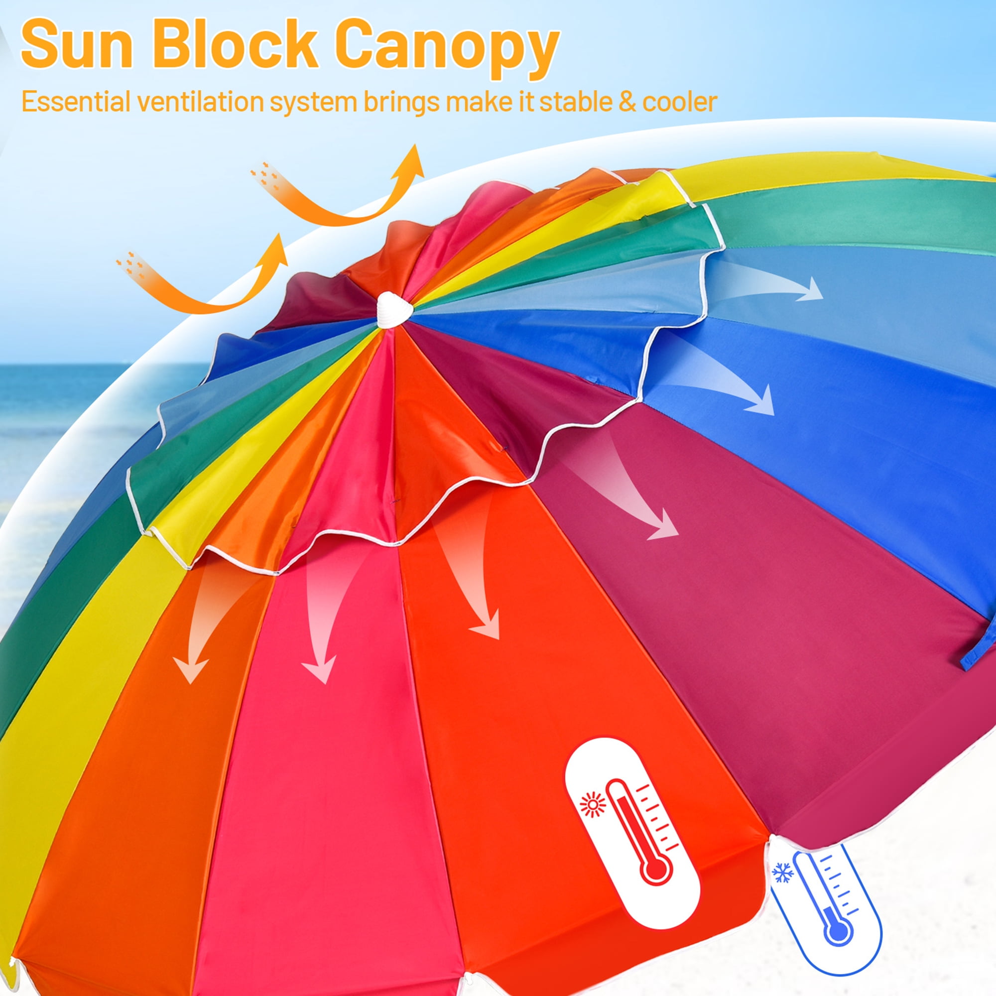 Gymax 8ft Beach Umbrella Outdoor Patio Garden w/ Carrying Bag Sand Anchor Rainbow