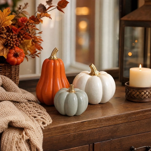 Set of 3 Resin Pumpkin Figurines - Fall Harvest Tabletop Decor for Mantel Shelf Desk Thanksgiving Autumn Home Decor
