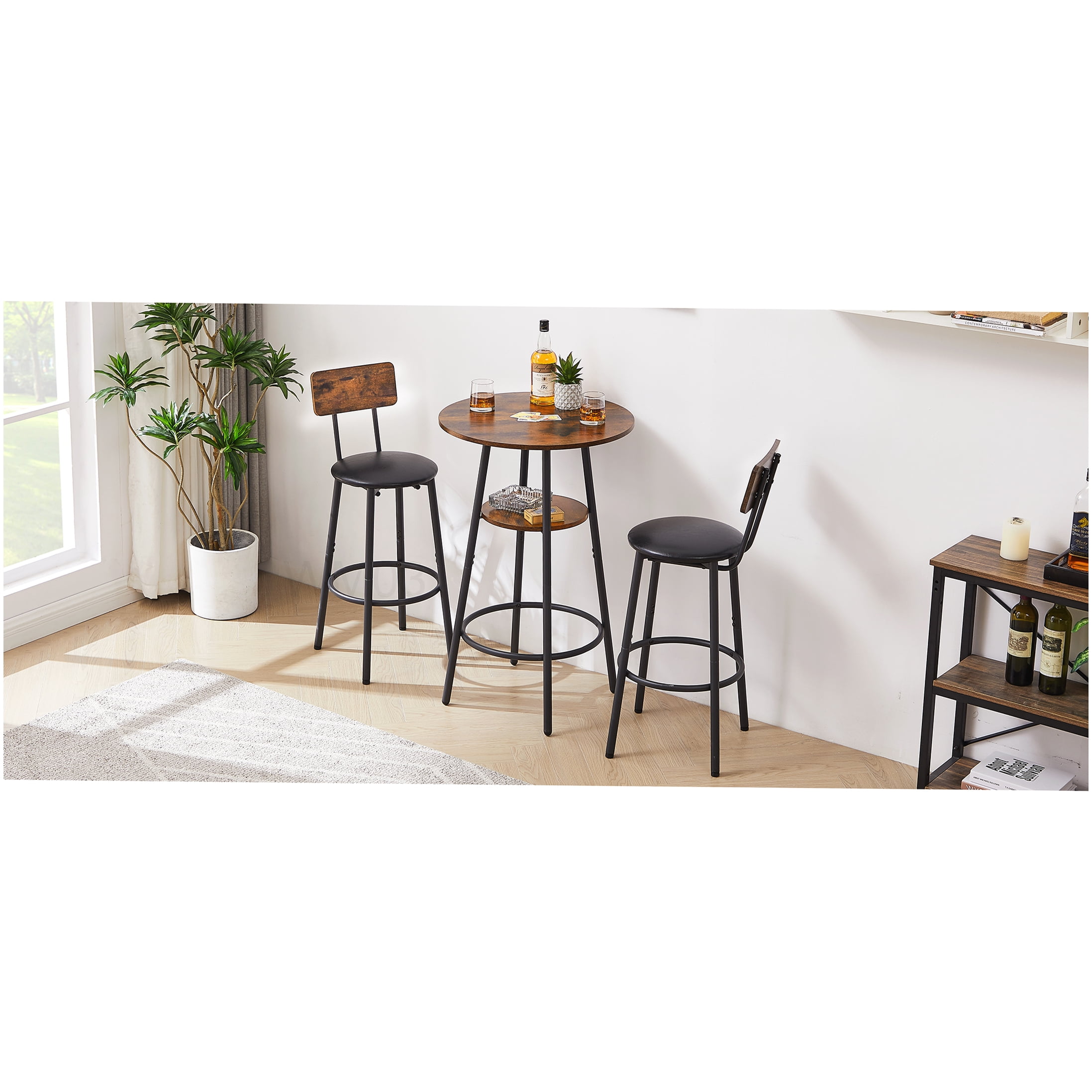 Industrial Style Bar Table Set with 2 Padded Stools, Rustic Brown Finish with Shelf