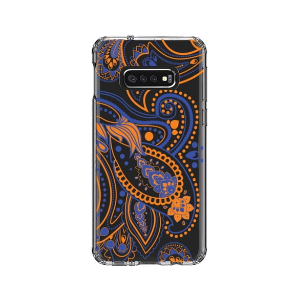 DistinctInk Clear Shockproof Hybrid Case for Samsung Galaxy S10e (5.8" Screen) - TPU Bumper, Acrylic Back, Tempered Glass Screen Protector - Orange and Blue Paisley