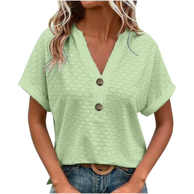 Dealovy Womesn Tops Summer Casual V Neck Buttons T-Shirts Short Sleeve Solid Color Loose Fitted Tees