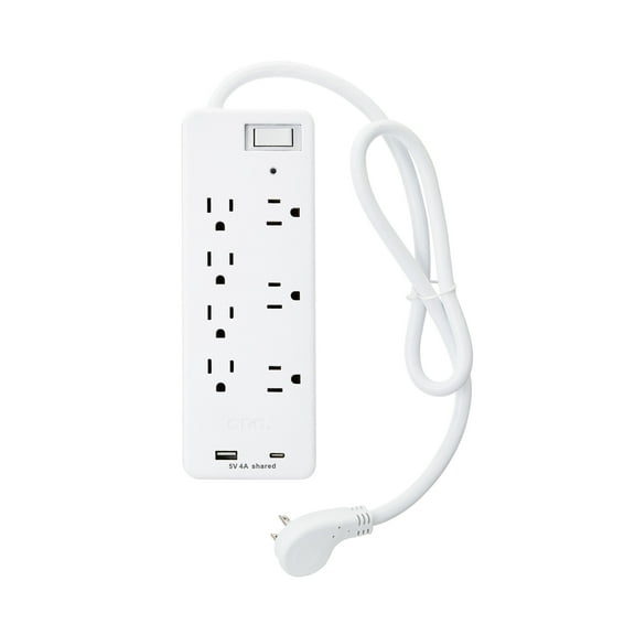 onn 7-Outlet Surge Protector with 1 USB Port, and 1 USB-C Port, and 2.5' Power Cord, White