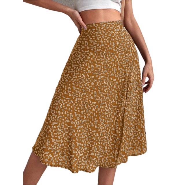 MAWCLOS Jupe Midi pour Femme Jupes Fendues Taille Haute Ample Plage Imprimé Floral Jaune m