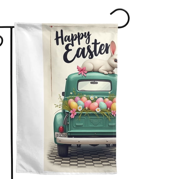 Happy Easter Garden Flag Double Sided Polyester Decorative Yard Banner with Vintage Green Truck Floral Design Pink Bow White Rabbit 12 x 18 Inch for Spring Outdoor Home Party Decor