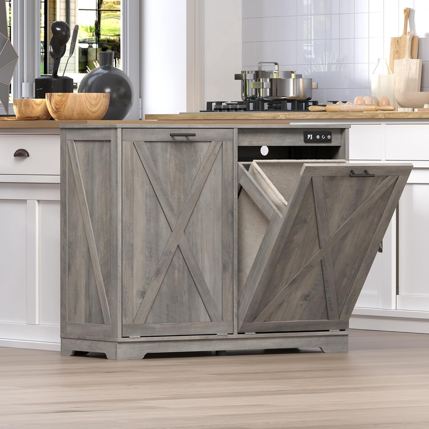PUFFCAFE Tilt Out Kitchen Trash Can for 2 Cabinet,Odor Control & Negative Ion & Ozone Garbage Bin,Hidden Recycle Trash Cans for Kitchen,Gray