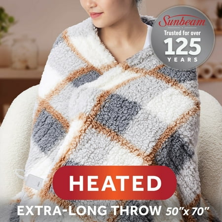 Sunbeam Electric Heated Throw Blanket Gray Plaid Faux Shearling Foot Pocket 4 Heat Settings, 50x70
