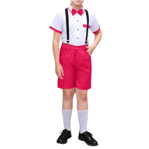 Boys Suits Formal Suspenders Wedding Tuxedos Ring Bearer Outfit Suit Vest and Shorts Set with Bow Tie for Teens 3-18 Years