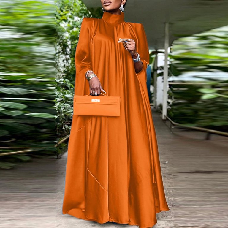 VONDA Women Elegant Long Bat Sleeve Stand Collar Evening Party Pleated  Casual Solid Loose Long Dress