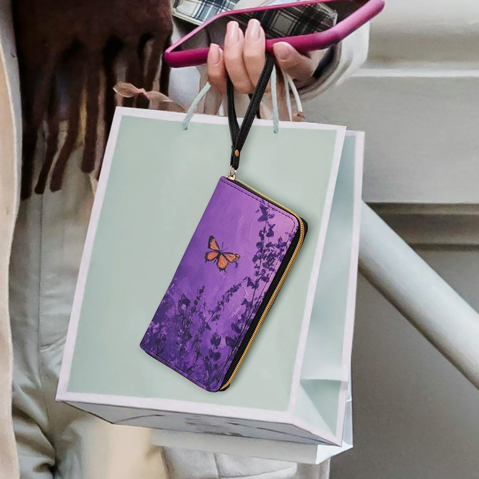 Womens Wallet Bifold Ladies Cluth Bag Wristlet Wrist Strap Long Purse Purple Butterfly Design