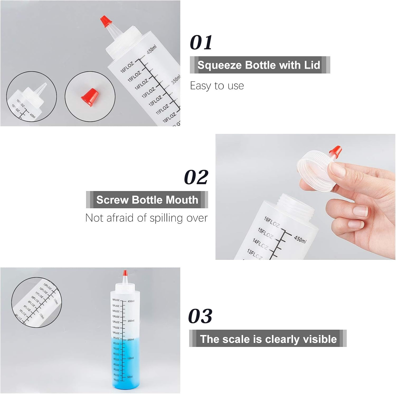 15oz Plastic Squeeze Bottles with Scale Red Tip Cap 450ml Squirt Bottles with Sticker Labels for Glue Acrylic Paint Arts Crafts 12 Pack