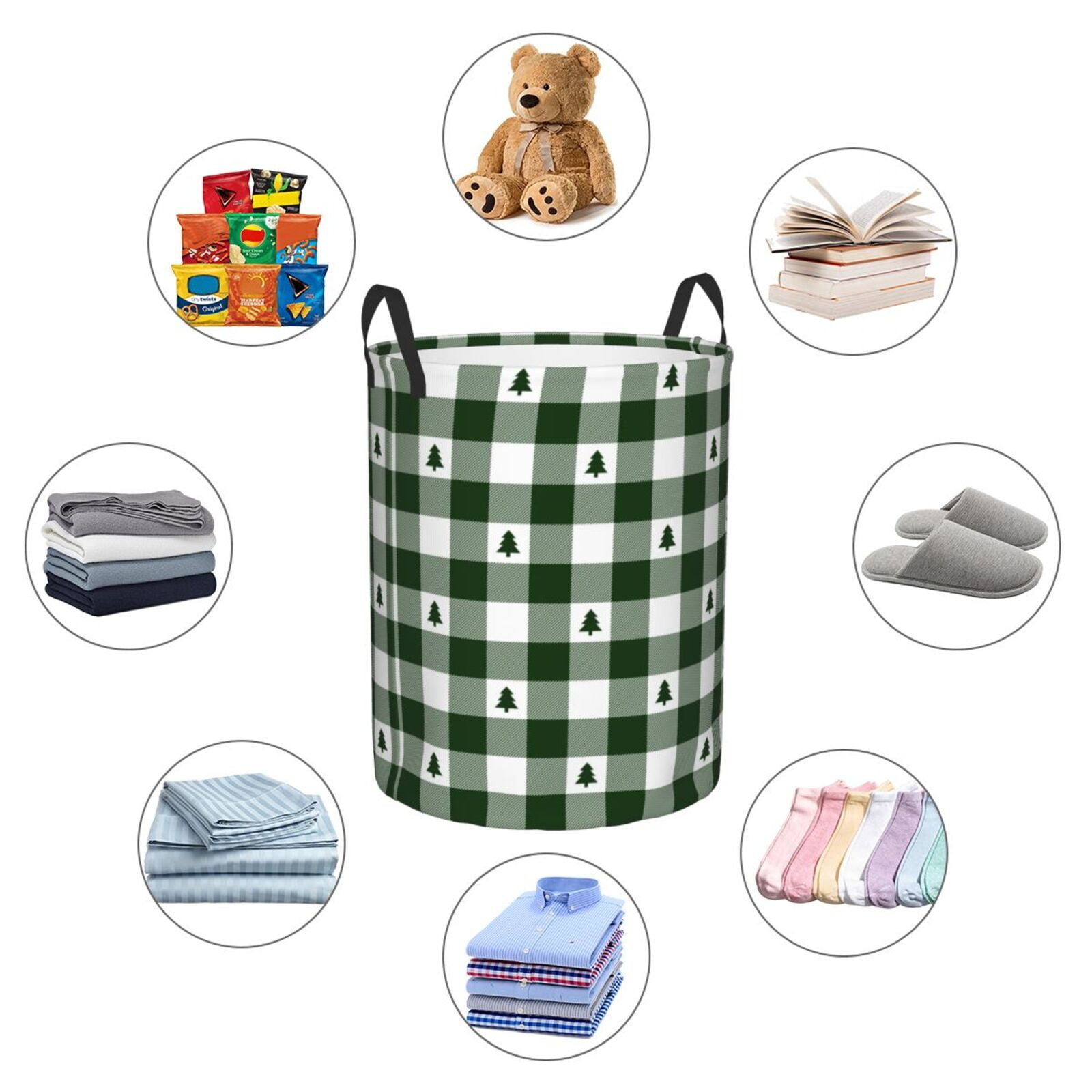 Large Laundry Basket with Handles - Green White Christmas Tree Kids Baby Dirty Clothes Laundry Hamper for Bedroom Aesthetic