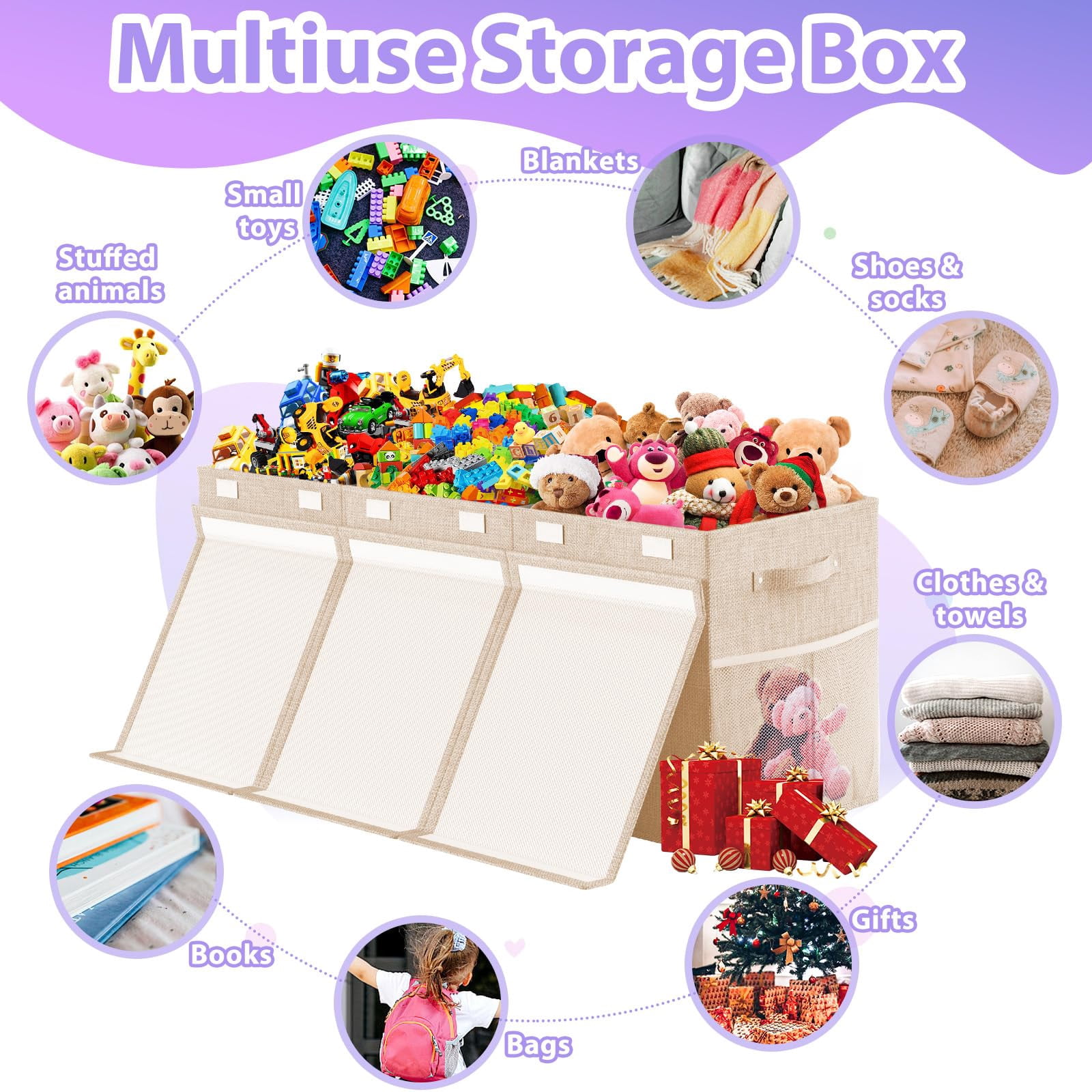 Extra Large Toy Box, Collapsible Sturdy Kids Toy Chest Storage Box with 3 Side bags and Removable Lids, 40"X14"X16"，Storage Bins with Lids for Nursery Room, Playroom,Closet,Home Organization,School