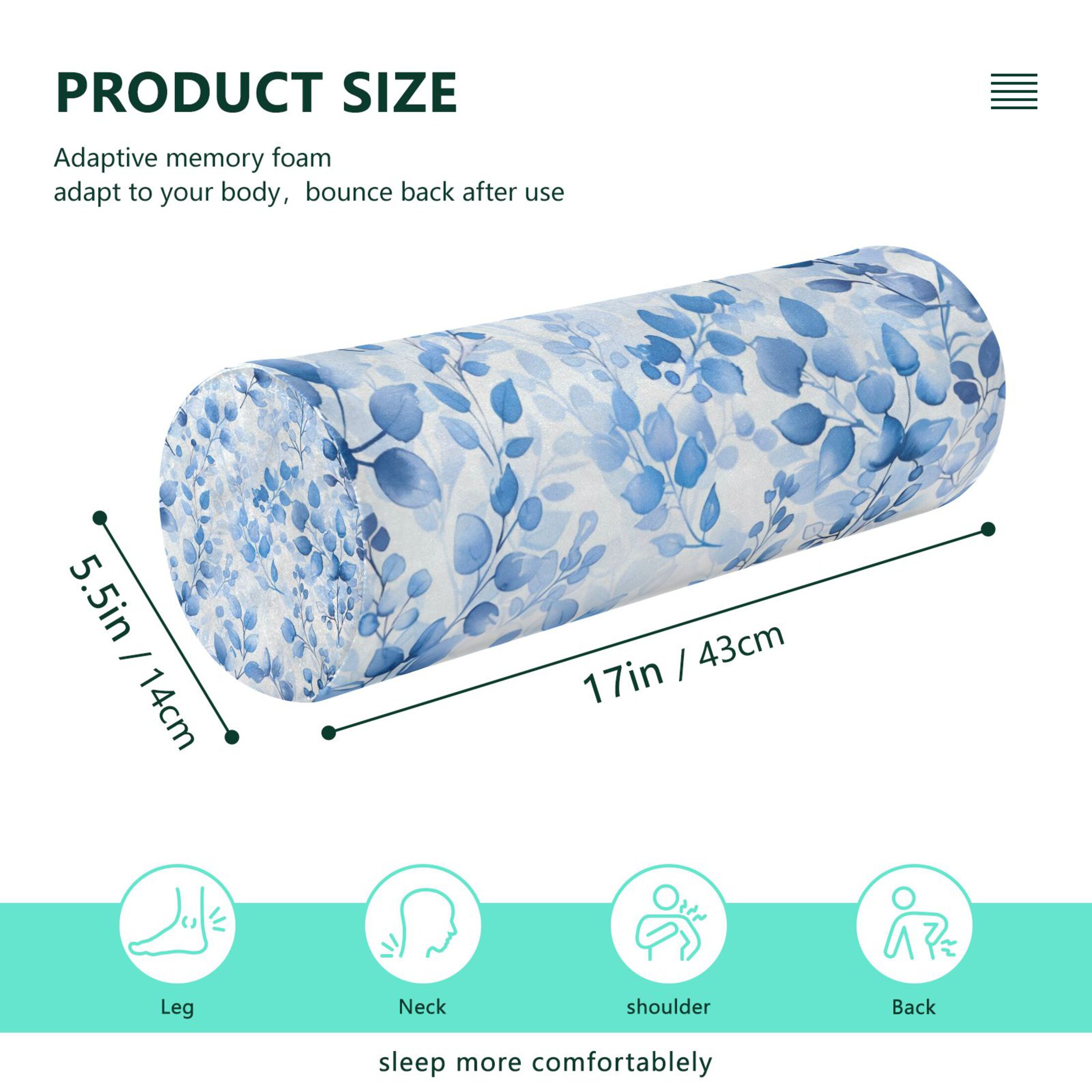 Neck pillow Round Cervical Pillow Cylindrical Pillow Lumbar Pillow Sofa Headrest Pillow Support For the Back, Neck and Head Light Blue Leaves