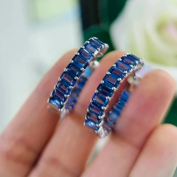 Radiant Jewelry Women's 3CT Emerald Cut Blue Sapphire Hoop Earrings in 14K White Gold Plated 925 Sterling Silver