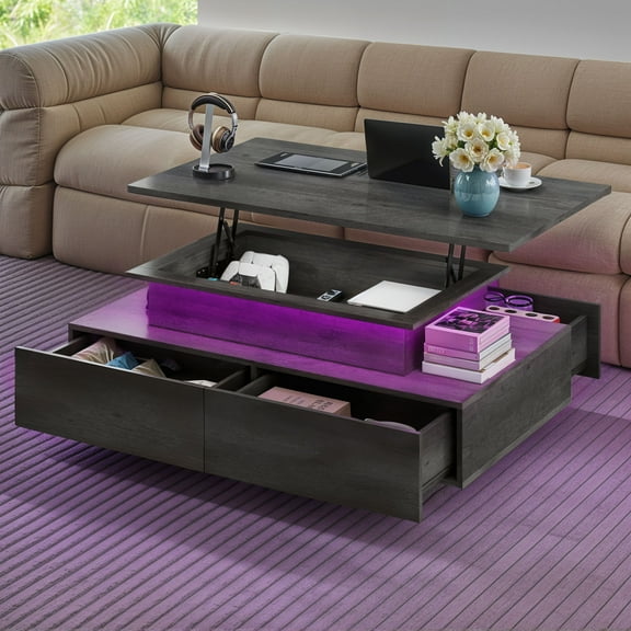 ModFusion Modern LED Wood Coffee Table with Lift Top, 4 Drawers & Storage for Living Room, Gray