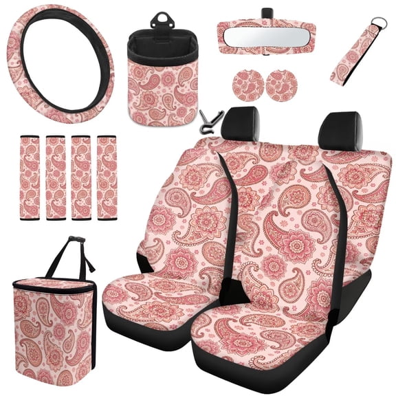 Jeiento Soft Pink Paisley Floral Car Seat Cover Set 15 Pack, Boho Vintage Print Steering Wheel Cushion Storage Organizer Coasters Keychain for Casual Van