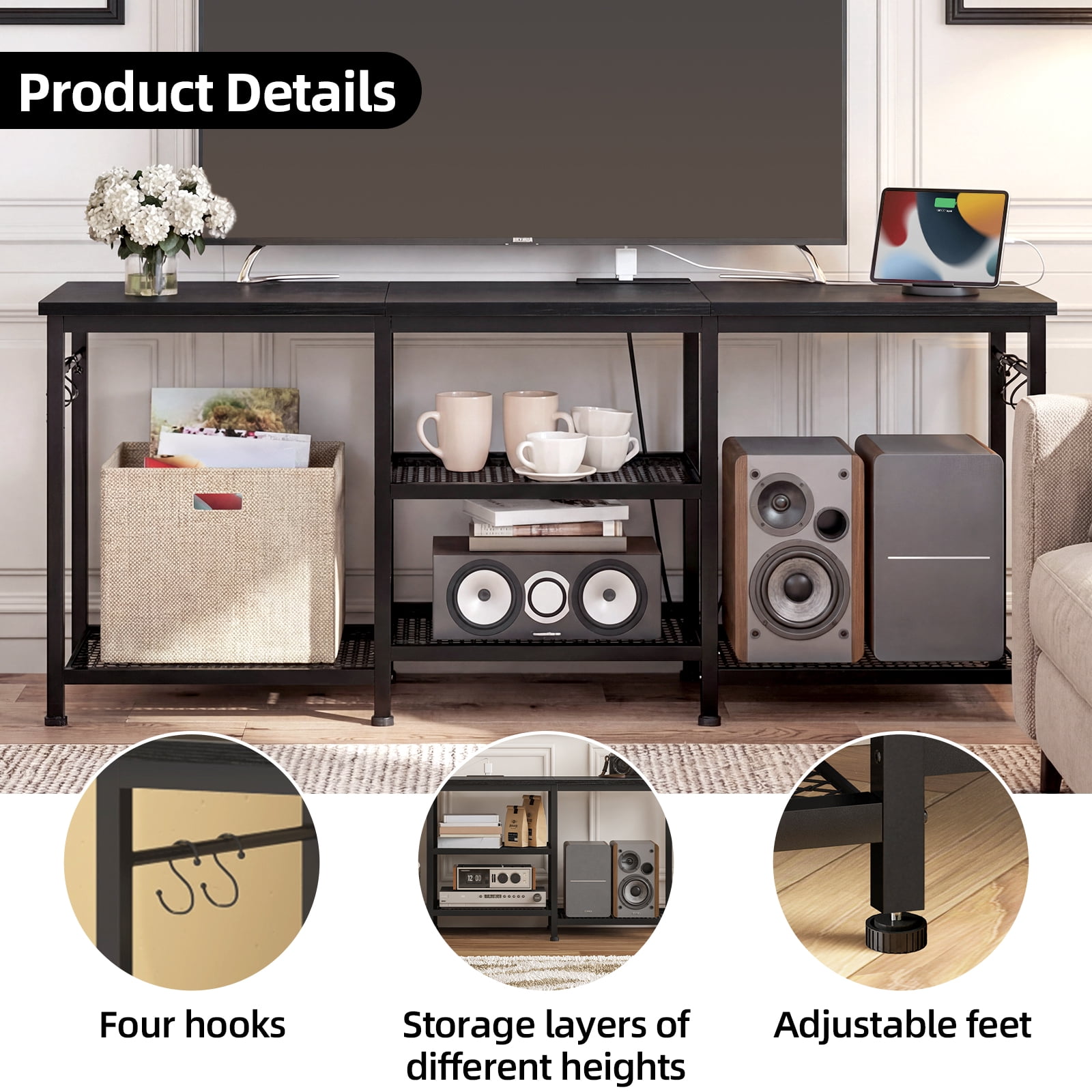 Tomnk TV Stand for 55 Inch TV, Entertainment Center with Power Outlet and Open Storage Shelves, Media Console Table for Living Room and Bedroom, Black