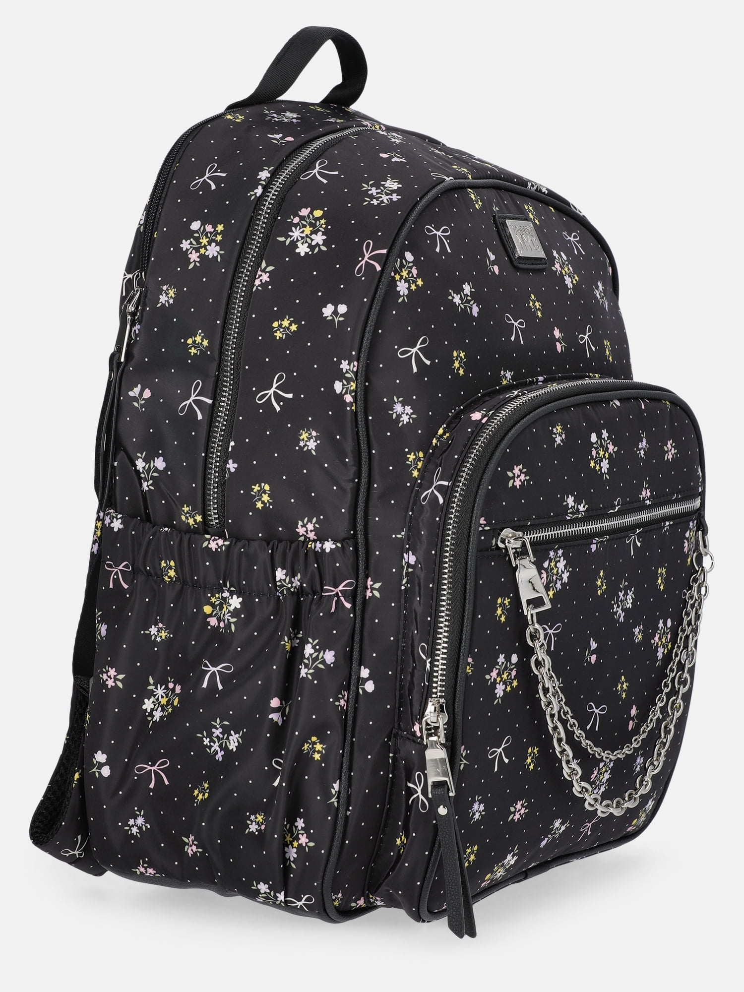 Madden NYC Women's Dome Backpack with Chain Accent, Black Bow Floral