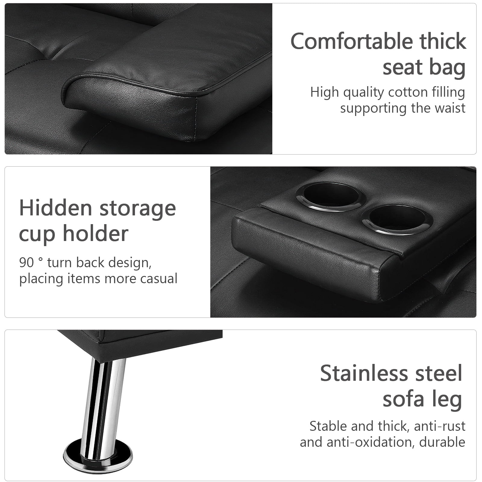 Kadyn Modern Faux Leather Futon Sofa Bed, Convertible Folding Sofa Couch with Cupholders and Pillows, Loveseat for Home, Living Room, Apartment, Black