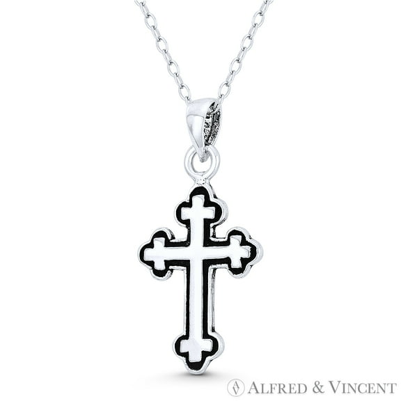 Budded / Botonée Cathedral Cross Christian Pendant & Chain Necklace in Oxidized .925 Sterling Silver